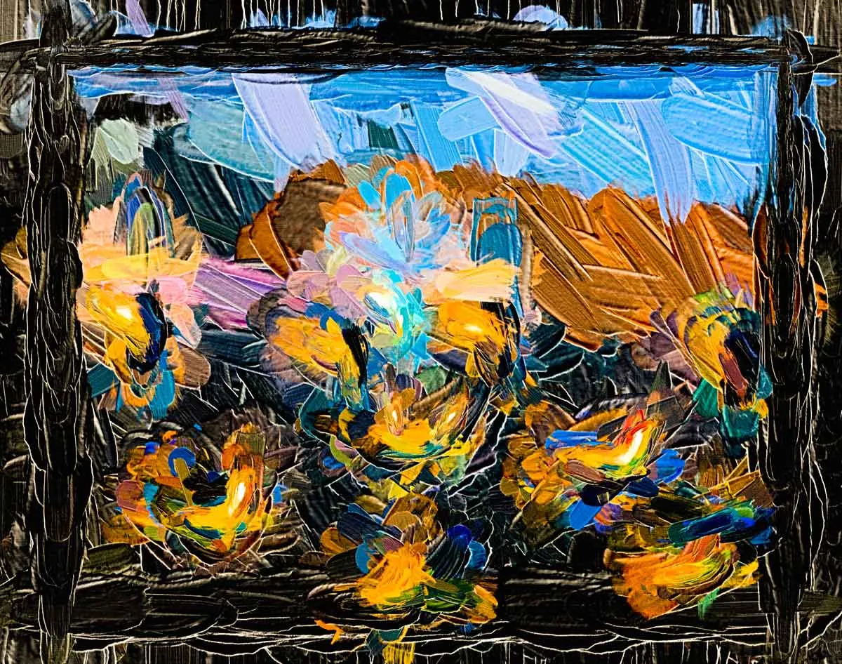 29 An abstract painting featuring vibrant yellow and blue flowers against a textured dark frame and a sky blue background